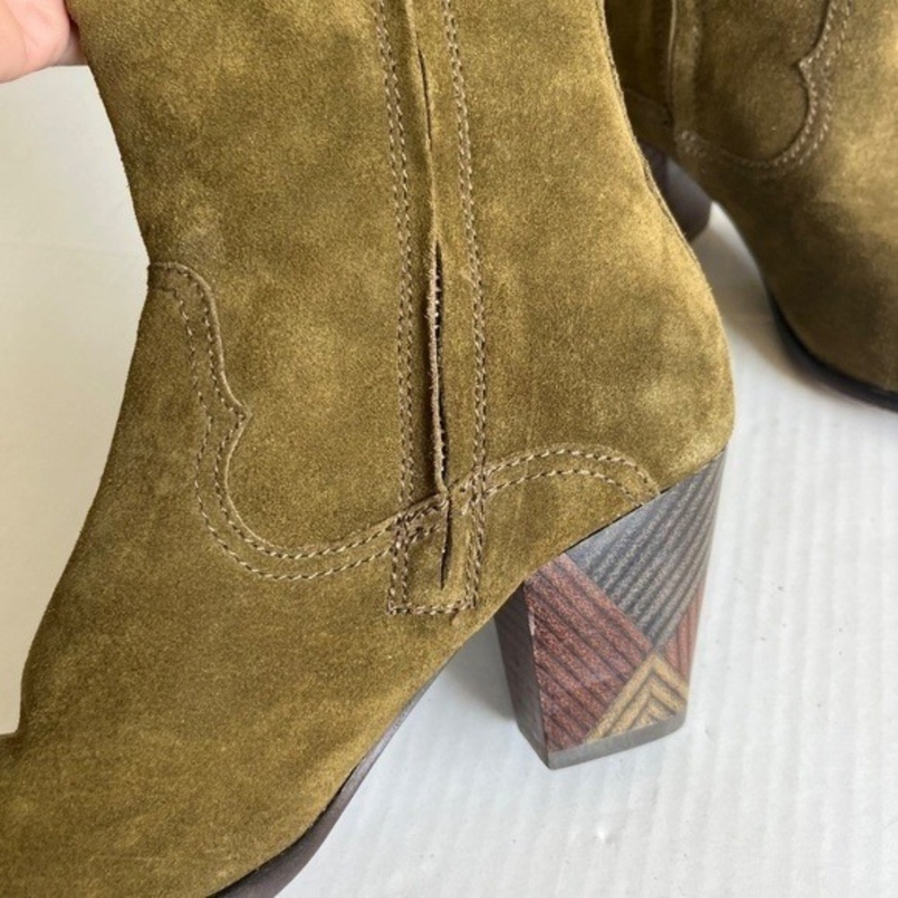 Frye Reed Sz 7M Olive Green Suede Side Zipper Tall Casual Dress Heeled Boots - Picture 9 of 12